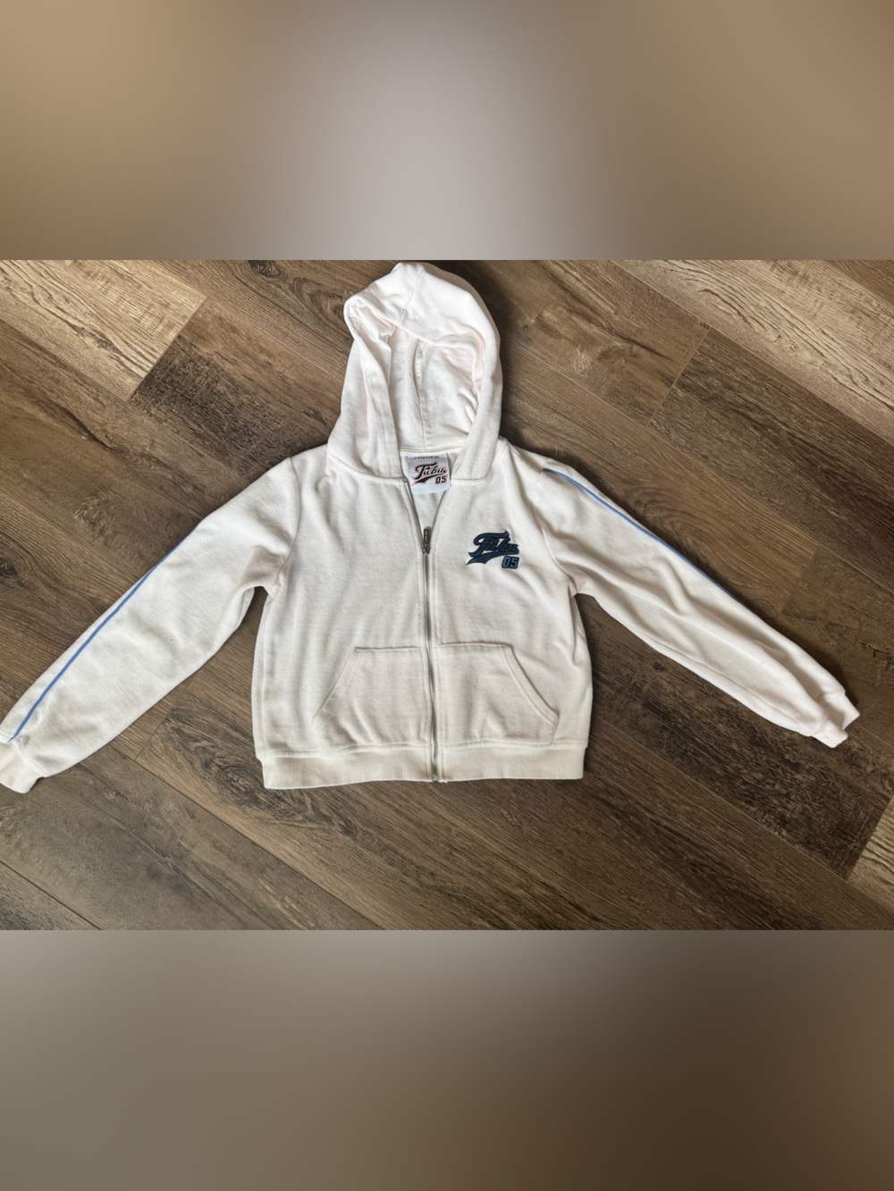 Forever 21 Fubu Cream Hooded Zip Sweatshirt with Navy Logo and Light Blue Piping